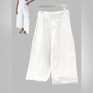 Kaktus White Cropped Wide Leg Pants Gauzy Cotton Beachy Elastic Waistband